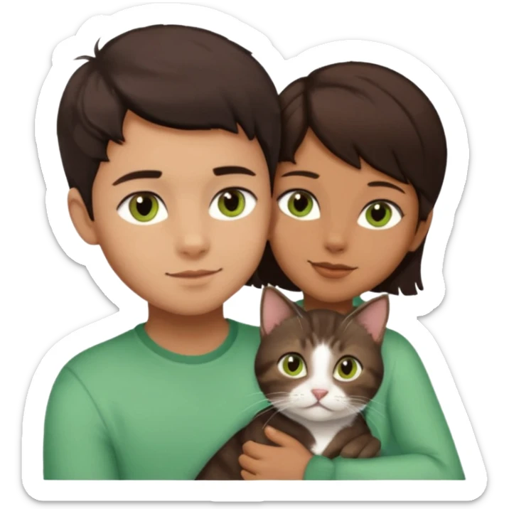 Crea un emoji donde salga un chico de pelo moreno con los ojos claros, una chica de pelo morena con los ojos marrones y UN gato europeo comun de pelaje marron oscuro y ojos verde claro, quiero que se esten abrazando el chico y la chica, y el gato este en el medio de los dos sticker