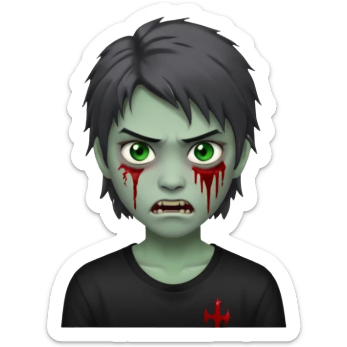 3D emoji-style avatar with grey zombie skin, dark brown hair, a young Asian face, and large green eyes with blood tears. Give it white litle bit messy mullet hair style , silver hoop earrings, and a plain black T-shirt. The face expression should be slightly angry, with vampire fang sticker