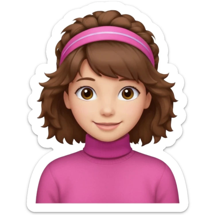 brown fluffy haired girl with pink turtleneck sweater and hair band sticker