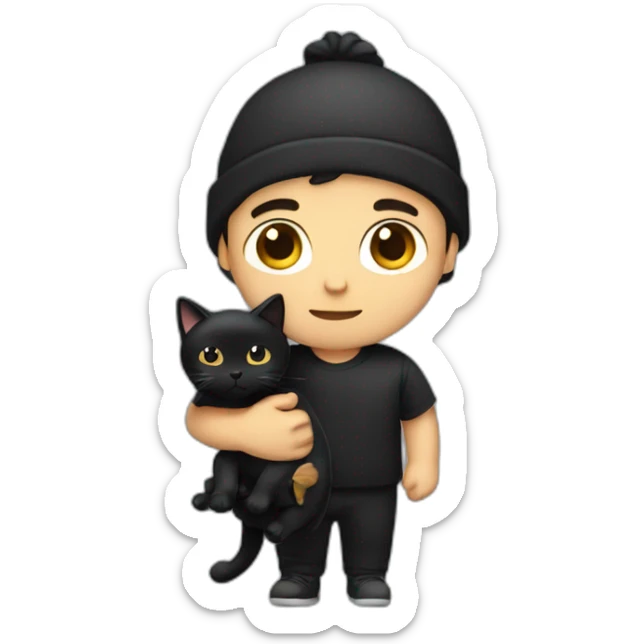 white male with black hair, with a hat wearing a tracksuit holding a black cat like a baby in arms sticker
