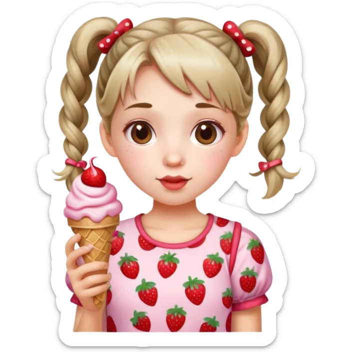 . A cute girl with pigtails, wearing a strawberry-patterned top, holding an ice cream. sticker