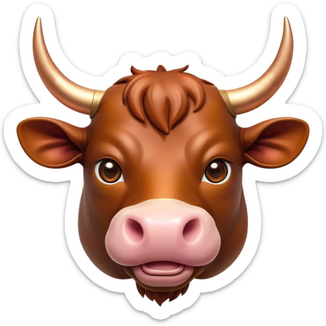 Cinematic Cute Domestic Bull Portrait Emoji, Head tilted playfully and inquisitively, with a sturdy, compact build and a smooth, polished coat of rich copper and brown hues accentuated by gently curved horns, round, sparkling eyes full of curious determination, Simplified yet irresistibly adorable features, highly detailed, glowing with a warm, friendly glow, high shine, affectionate and spirited, stylized with a touch of rustic charm, soft glowing outline, capturing the essence of a mischievous yet loving domestic bull that feels like it could trot out of the screen and into your arms! sticker