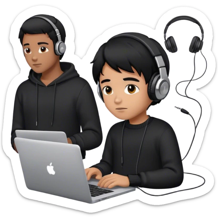 a smart boy using laptop having black hair with headphones and wearing a black sweater sticker