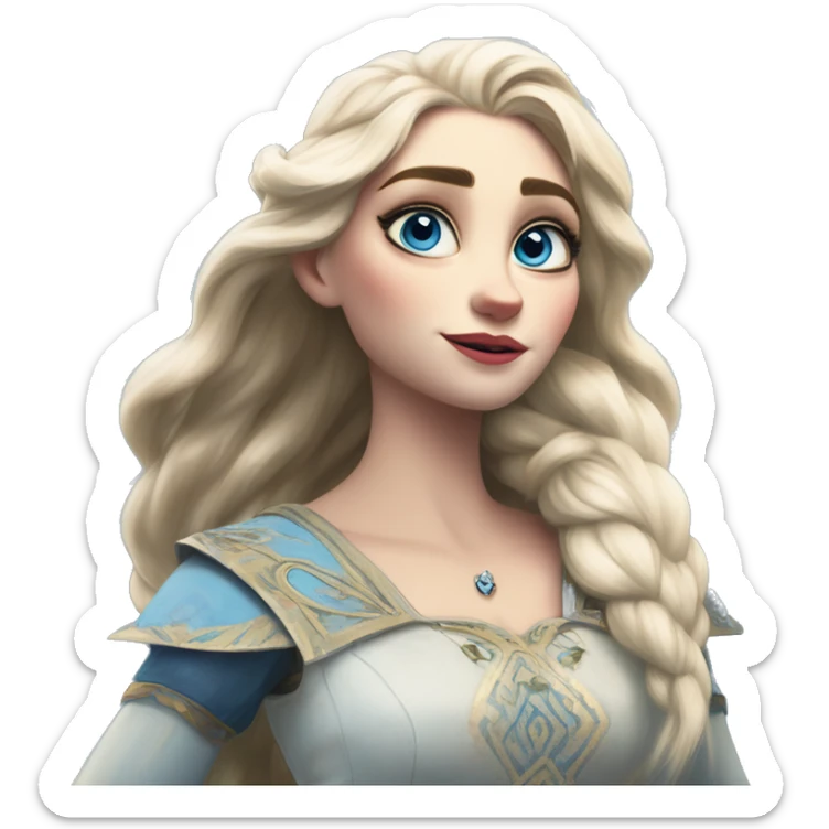 Warcraft award winning Elsa in IKEA style, oil paint, mysterious eyes, intricate lips, masterpiece pose, odd perspective, beautiful, desirable, logical, midsommar, ikea sticker