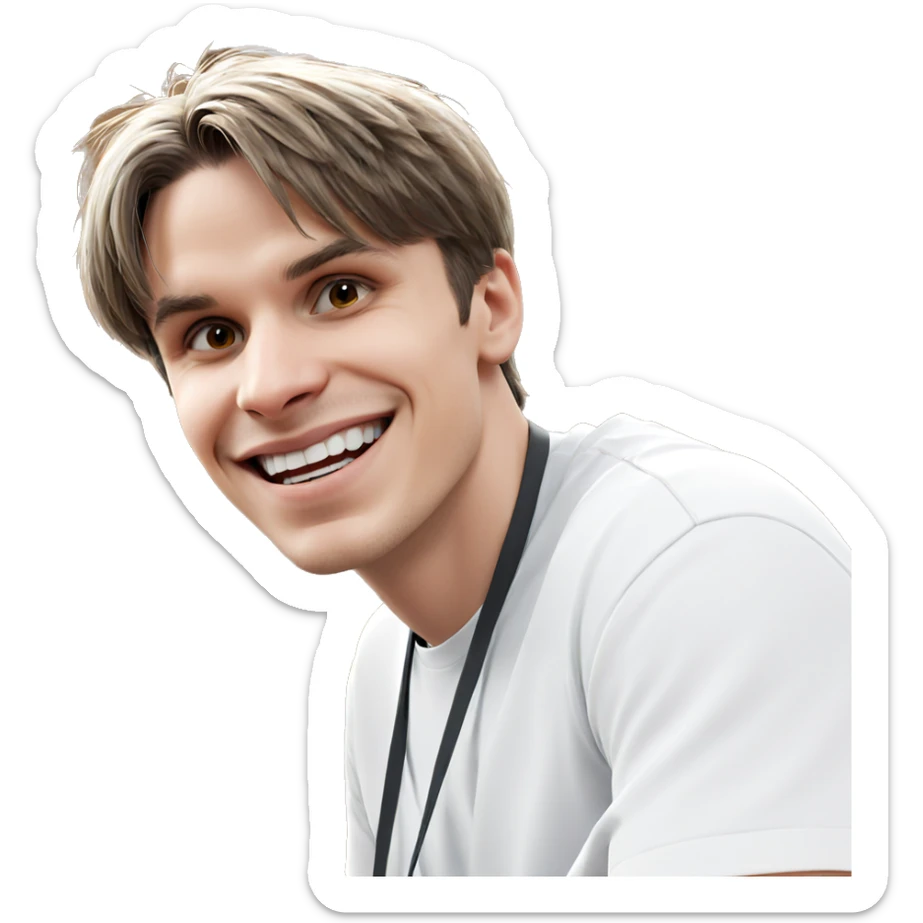 smiling boy in white shirt sticker