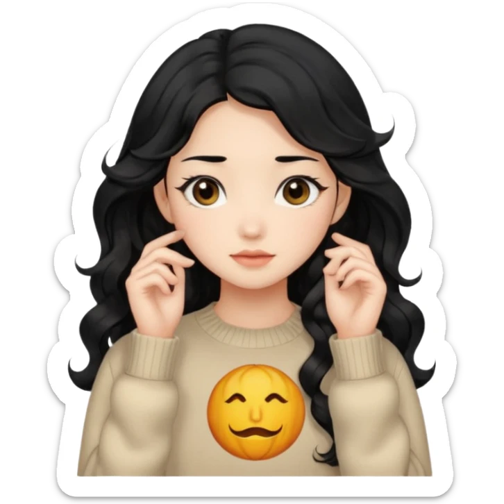 Beautiful girl,Black hair,wavy hair，long hair,Black eyes,Chinese, beige sweater  sticker