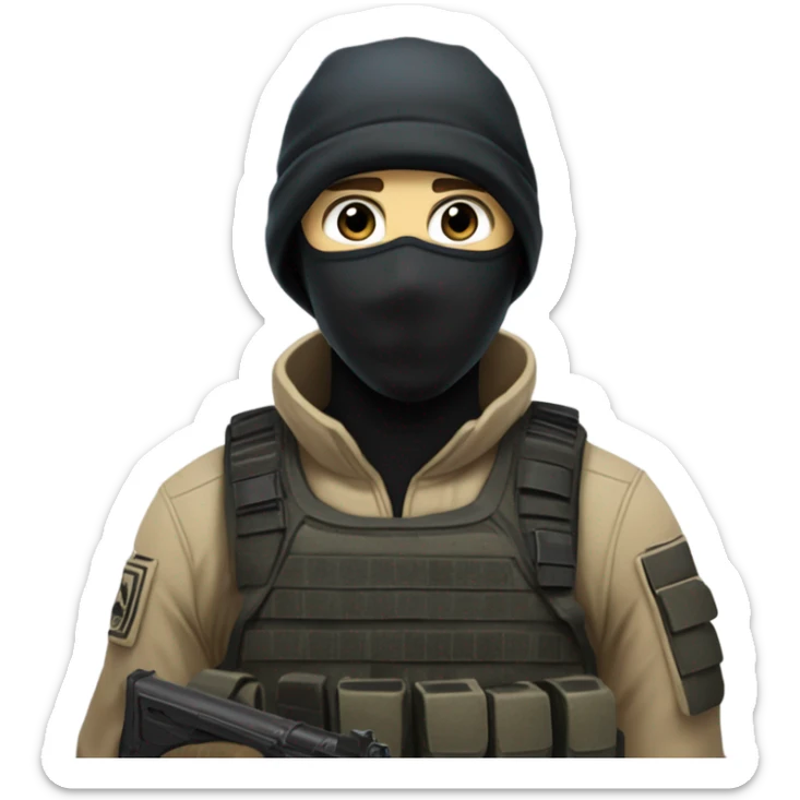 White male, call of duty black mask, camo tactical gear, tan combat boots, black beanie, blue eyes sticker