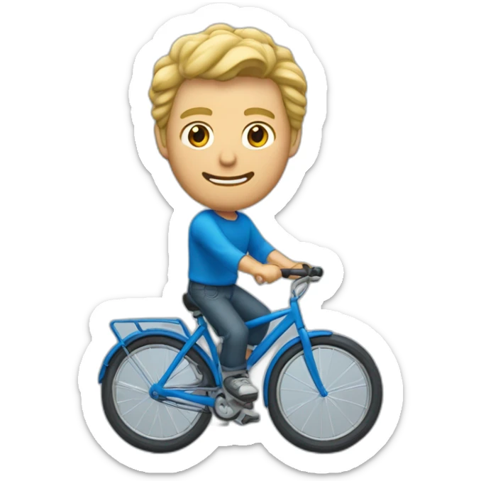 Un homme qui cabre avec un vélo bleu qui a les cheveux bouclés au yeux verts et cheveux blond sticker