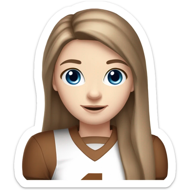 Beautiful girl, pale skin, blue eyes, long straight beautiful light brown hair, wearing Texas Longhorn football cheerleading uniform sticker