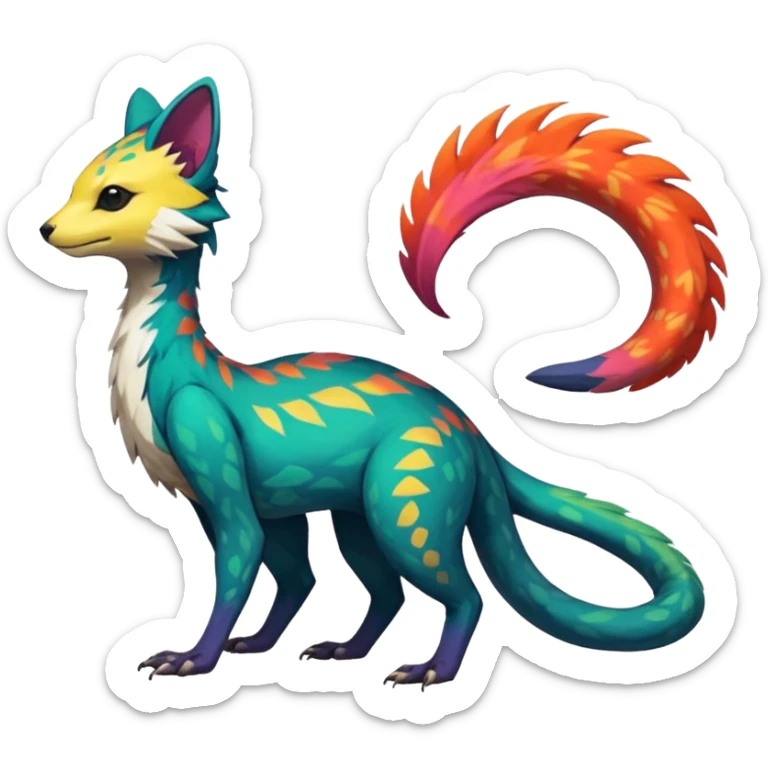 Rare realistic exotic edgy epic pretty beautiful handsome gorgeous aesthetic colorful vibrant Vernid-Trico-species-Fakemon-creature by LiLaiRa, 4 legs, 1 tail, random markings, (full body) sticker
