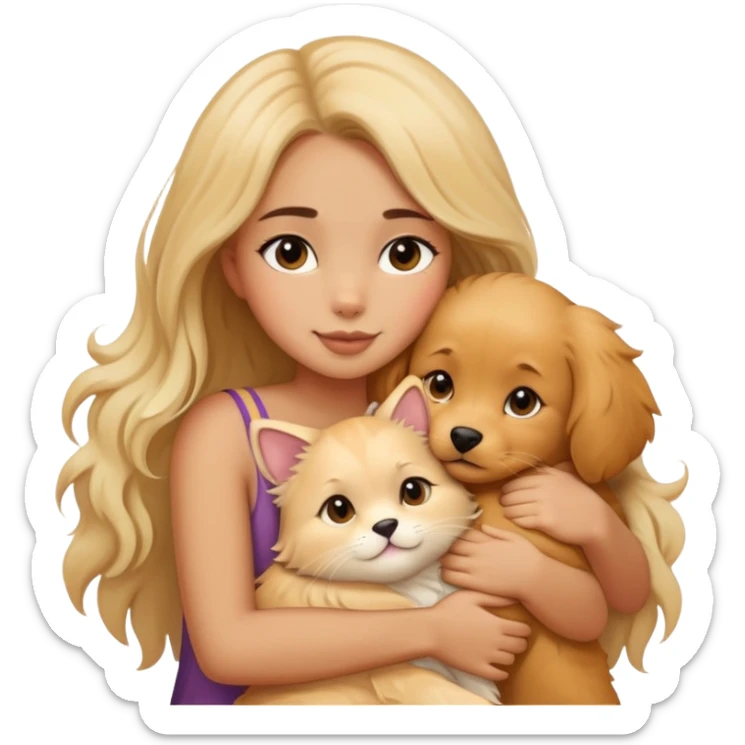 A beautiful girl hugs a cat and a dog tightly sticker