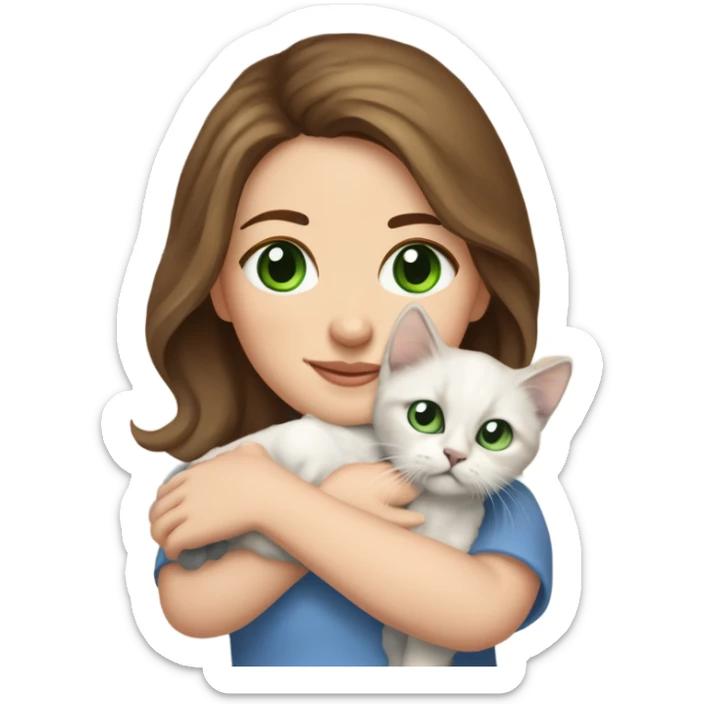 white woman with medium-length brown hair, green eyes and brown freckles on the face under the eyes, holding her sacre de birmanie kitten in her arms with much love, the baby cat has blue eyes, a lot of spots of dark on ears and middle of the face. sticker