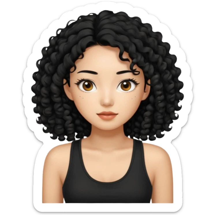 Korean woman with black cute long curly hair  with a black top tank with long lashes sticker