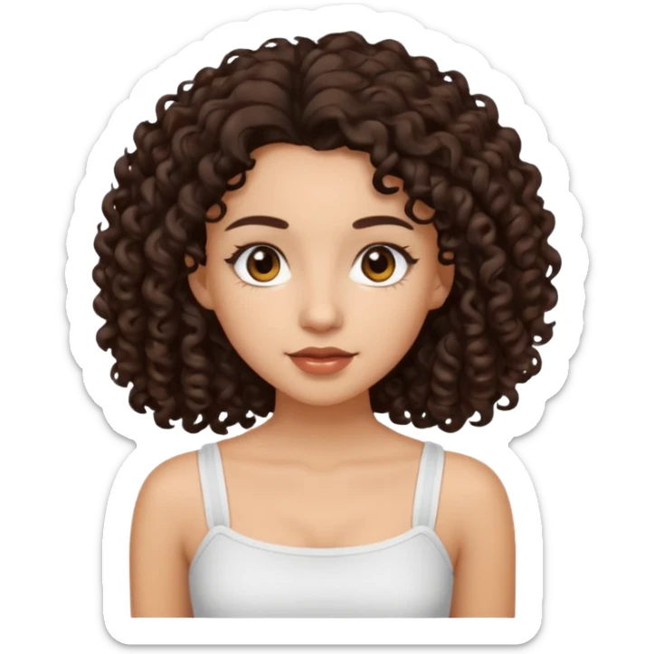 Woman with light skin and dark brown eyes and dark brown long curly hair and white tube top sticker