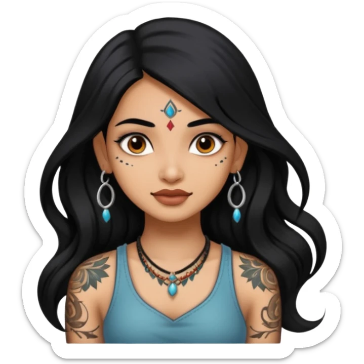 an ios genmoji for a pretty  indian girl with black long hair  tattooed, beautiful girl sticker