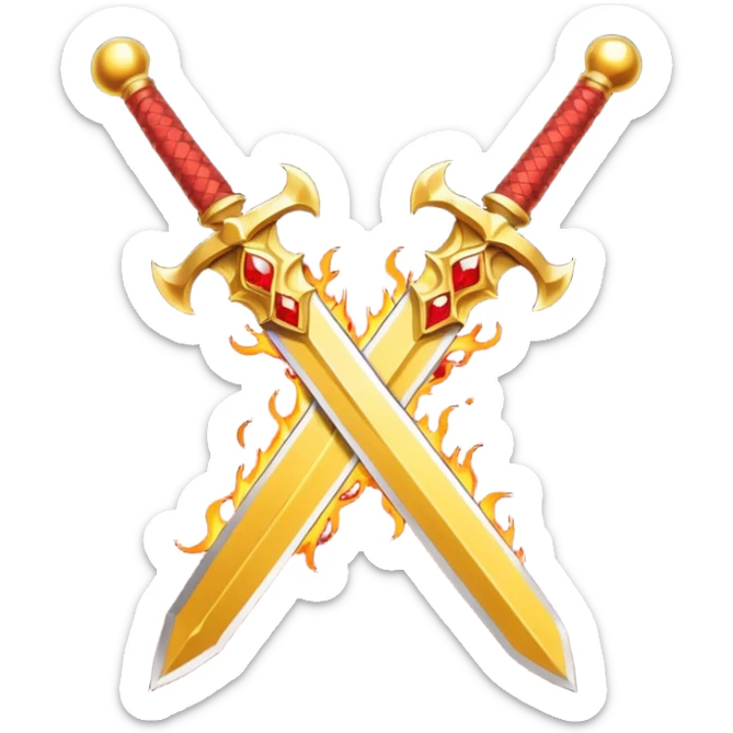 Two crossed swords that are golden in blade and handle and have fiery and royal appearence to them as well as red gem stones yellow in color sticker