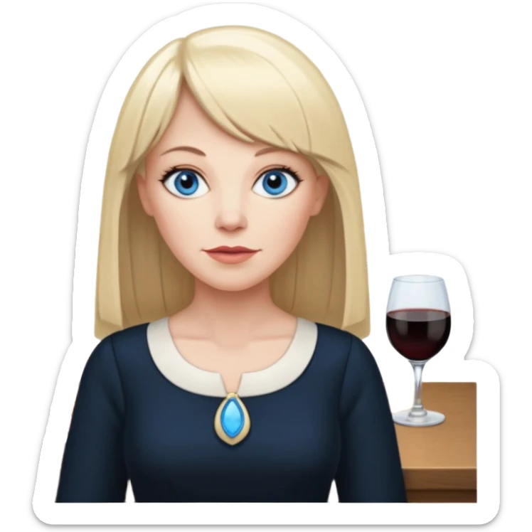 45 yr old white woman, pale skin, long straight blond hair parted in center, blue eyes, bangs, clothes for dinner sticker