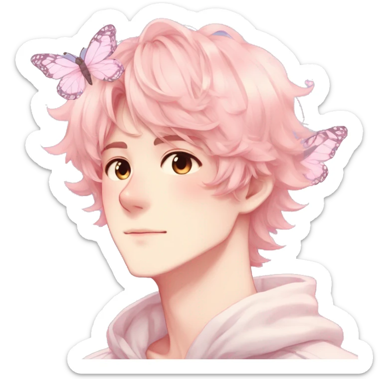 Gorgeous pastel anime style shojo man with blushing face and butterflies aesthetic and pretty hair trending style sticker