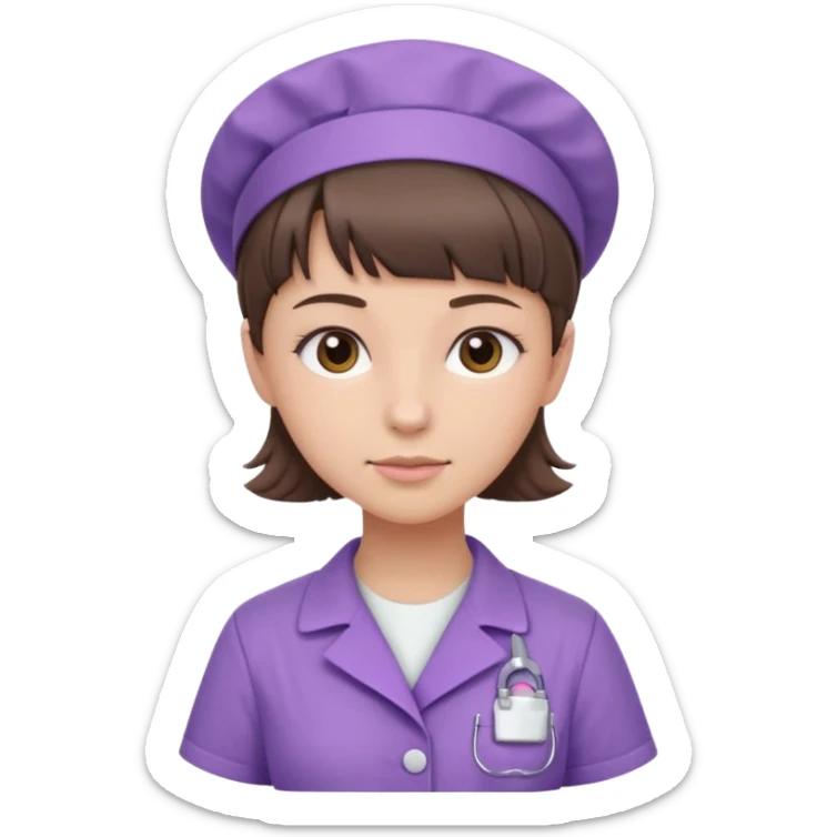 A young female slim nurse with short Brown hair with fringe over her forehead, wearing larvendar purple working cloth, without hat sticker