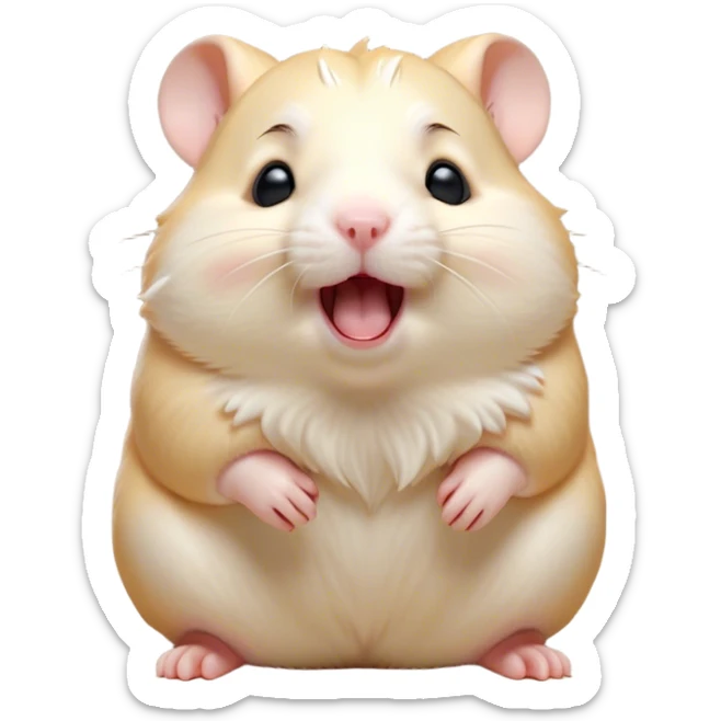 Cinematic Cute Yawning Cream Hamster Portrait Emoji, Head tilted slightly with a dramatic, wide-open yawn, showcasing a soft, pristine cream coat with tiny droopy ears, round dark eyes barely open in drowsy contentment, Simplified yet irresistibly adorable features, highly detailed, glowing with a soft, cozy glow, high shine, relaxed yet expressive, stylized with a touch of whimsy, bright and endearing, soft glowing outline, capturing the essence of a sleepy yet affectionate hamster, so drowsy it feels like it could stretch out of the screen and curl up for a nap! sticker