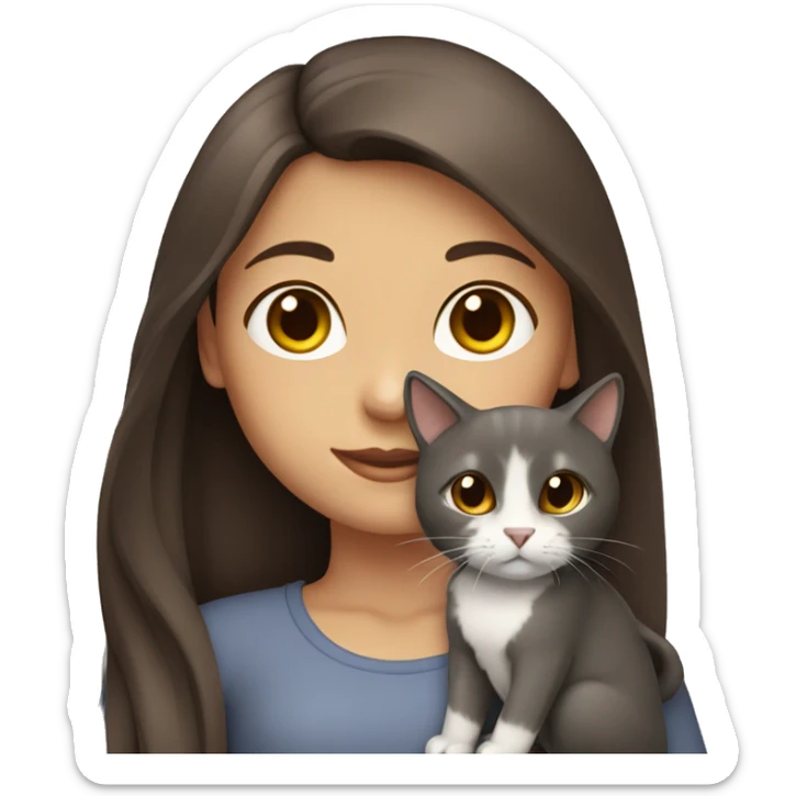A girl with long brown hair And dark Brown eyes, holding a a grey cat sticker