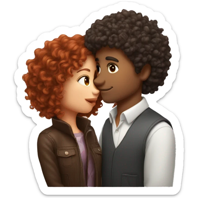 Curly hair guy kissing a reddish brown hair girl with a wolfcut sticker