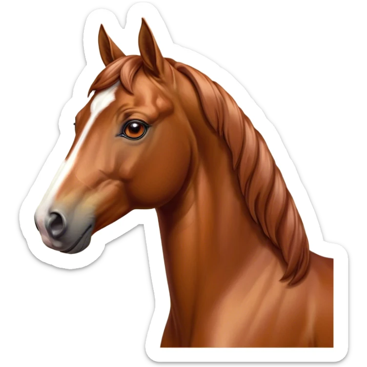 Cinematic Noble Chestnut Horse Portrait Emoji, Poised and regal, with a strong, athletic build and a lustrous, well-groomed chestnut fur, deep-set soulful amber eyes, Simplified yet sharp and sophisticated features, highly detailed, glowing with a warm, dignified glow, high shine, intelligent and majestic, stylized with an air of equine elegance, focused and attentive, soft glowing outline, capturing the essence of a watchful and confident steed, so majestic it feels as though it could gallop out of the screen with effortless authority! sticker