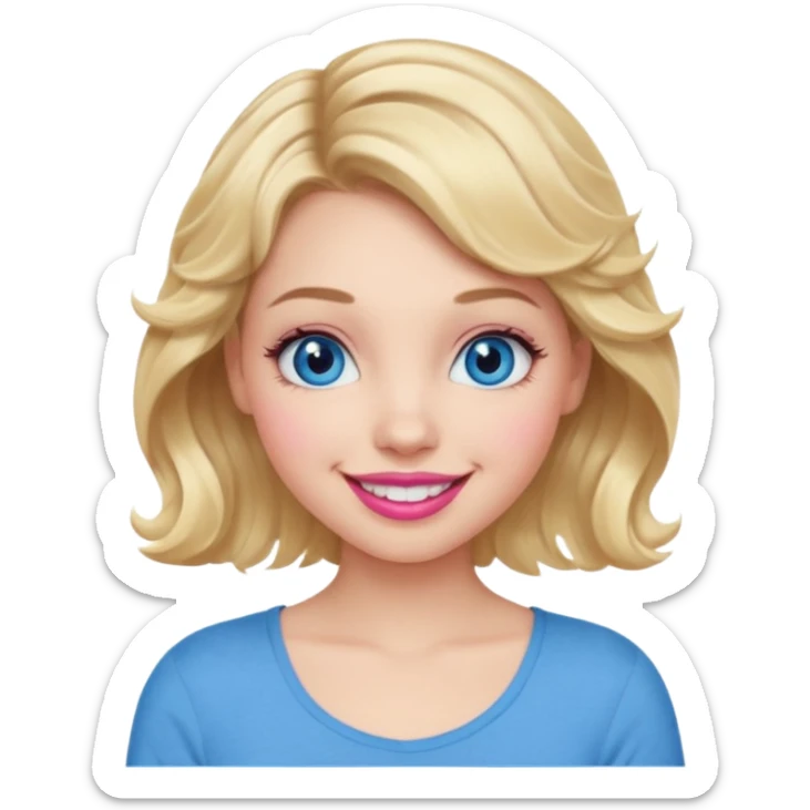 Girl Blonde short wavy hair,  blue eyes, cute blue top, long lashes, pink lips, 👄 big smile  sticker