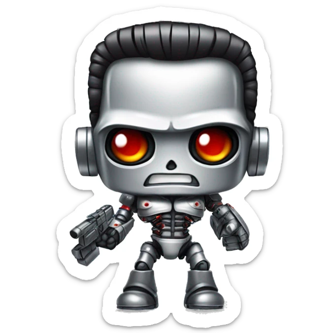 Emoji of a Terminator T-800, looking straight, cute 2d animation, red eyes, made of metal, white background,  sticker