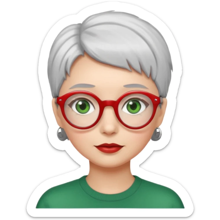 visage femme a lunettes fine ronde rouge avec cheveux courts gris-blancs aux yeux verts sticker