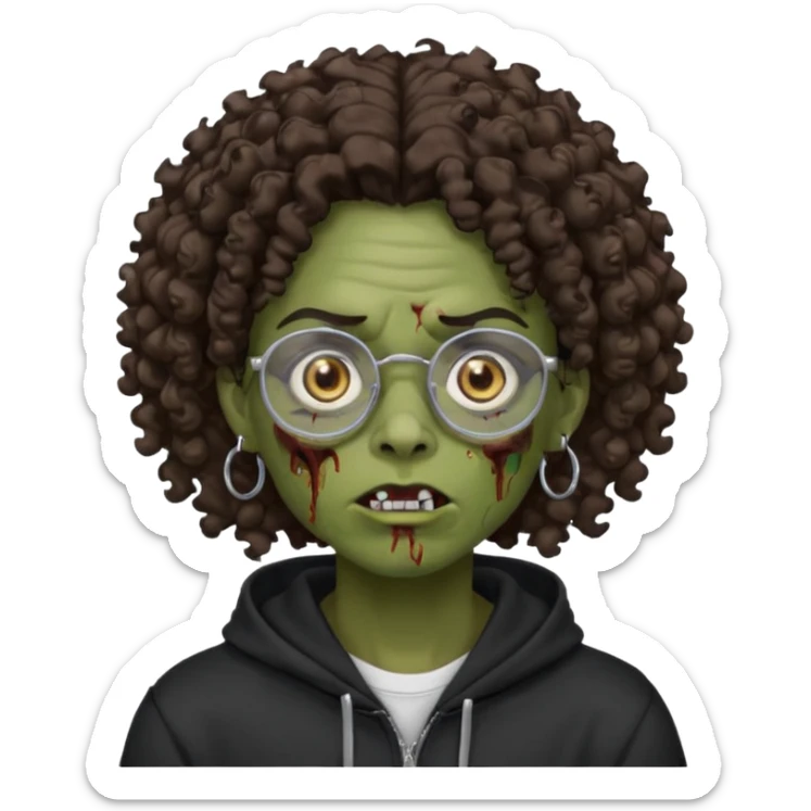 Chico moreno zombie, con gafas y sudadera negra, dos aretes en la oreja izquierda y dos en la derecha, ojeras en los ojos, pelo rizado sticker