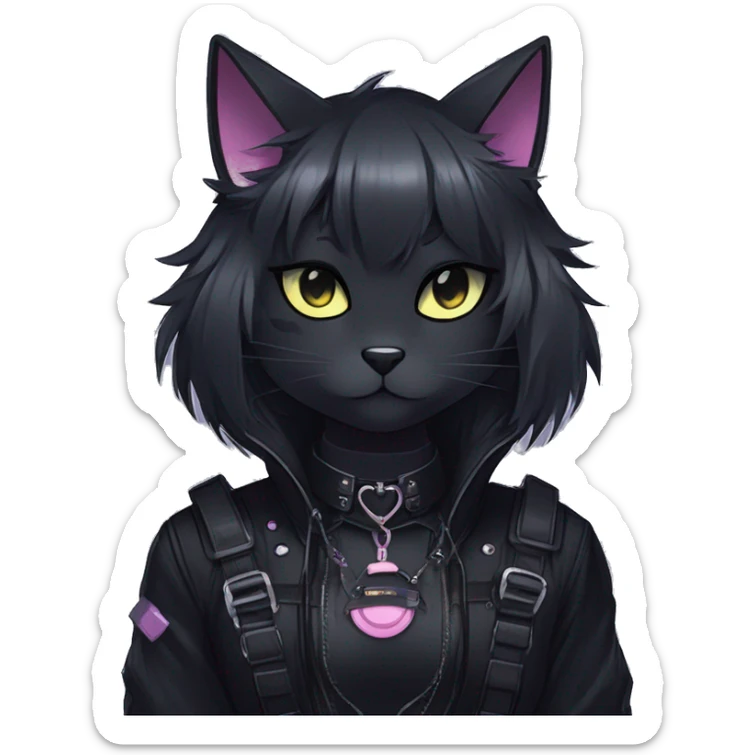 Gorgeous furry gothic dark techwear anime style anthro black cat furry sona Fakemon with blushing face aesthetic and pretty edgy black with collar and harness trending style sticker
