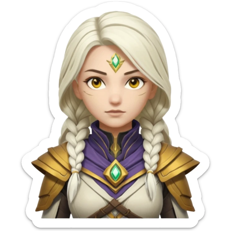 female novice warlock from Destiny 2, long white braided hair, gold yellow eyes, no helmet, wearing Destiny 2 warlock armor sticker
