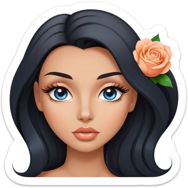 Glamours, tanned, very beautiful girl, with big pump peach-beige-rose lips, long long lashes, black straight smooth silky long hair, straight parting hair, blue-grey eyes sticker