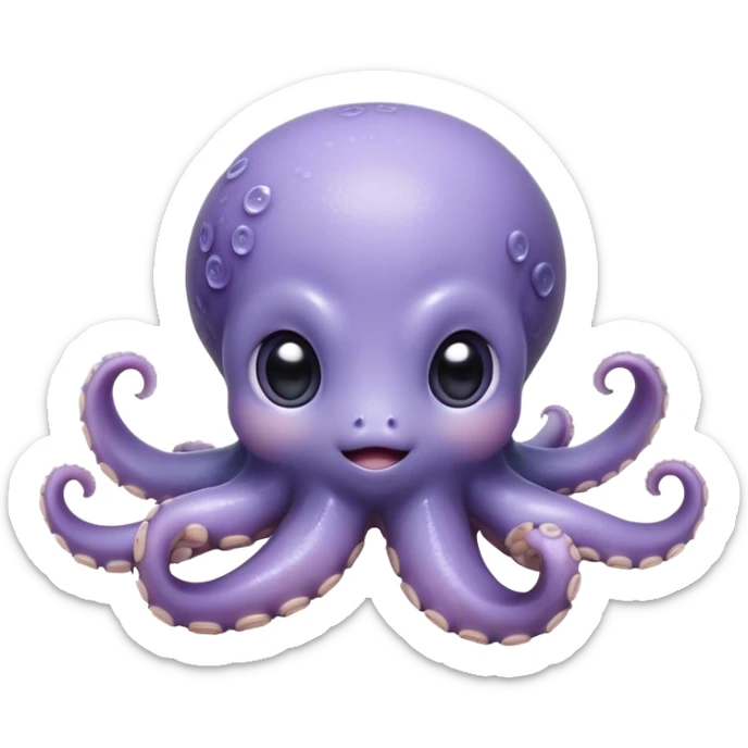 Cinematic Cute Shy Baby Octopus Portrait Emoji, Tentacles tucked slightly inward in an adorably bashful pose, featuring a softly glowing, round light blue-purple body with enormous, soulful eyes peering out timidly, Simplified yet irresistibly adorable features, highly detailed, glowing with a delicate, soothing marine radiance, high shine, quiet yet expressive, stylized with an air of gentle mystery, soft glowing outline, capturing the essence of a tiny, shy deep-sea creature that seems as if it could slowly peek out and explore the world with cautious curiosity! sticker