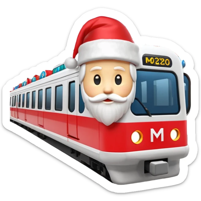Apple iOS style 3D emoji of a
Moscow Metro train (modern
"Moskva-2020" model) decorated for
New Year. The train has a large red Santa hat on its front and is wrapped in glowing LED garlands. A bright iconic red letter
"M" logo is positioned next to it. Smooth glossy plastic, soft 3D render,  sticker
