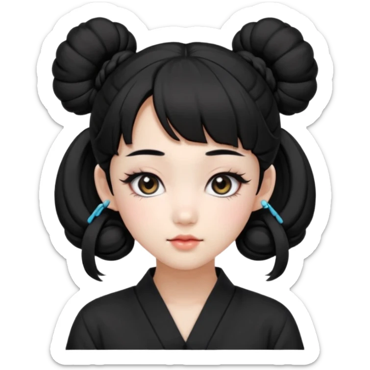 a beautiful girl face, wearing cute korean makeup, black hair, tied into two buns low near the ears with front bangs, kpop idol sticker