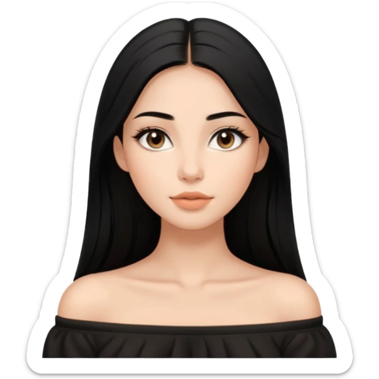 A realistic 3D avatar of a young woman with a soft oval face, slim cheeks, natural almond eyes, long straight black hair, minimal makeup, wearing a black off-shoulder top, elegant and aesthetic, tanned skintone. sticker