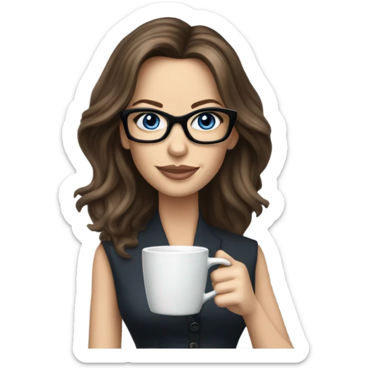 Lifelike Kate Beckinsale blue eyes wearing glasses in a business dress drinking a cup of tea  sticker