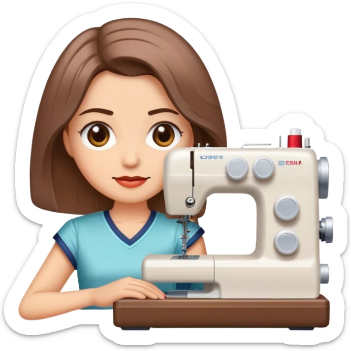 Mujer con cabello a la altura de hombros, cabello color chocolate claro, con máquina de coser  sticker