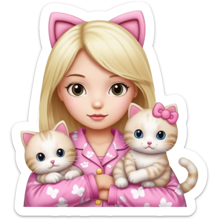 Blonde girl wearing pink Hello Kitty pajamas with two ragdoll cats sticker