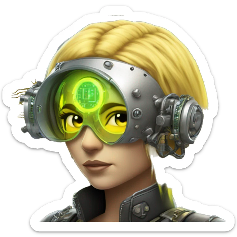 Caucasian female cyborg head with Neon yellow bobbed hair, silver steampunk goggles and circuits sticker