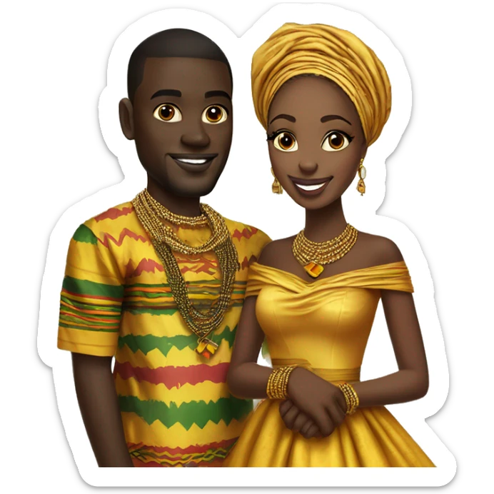Ghanaian bride and groom. Gold jewelry with kente off shoulder dress. Kente Cloth sticker
