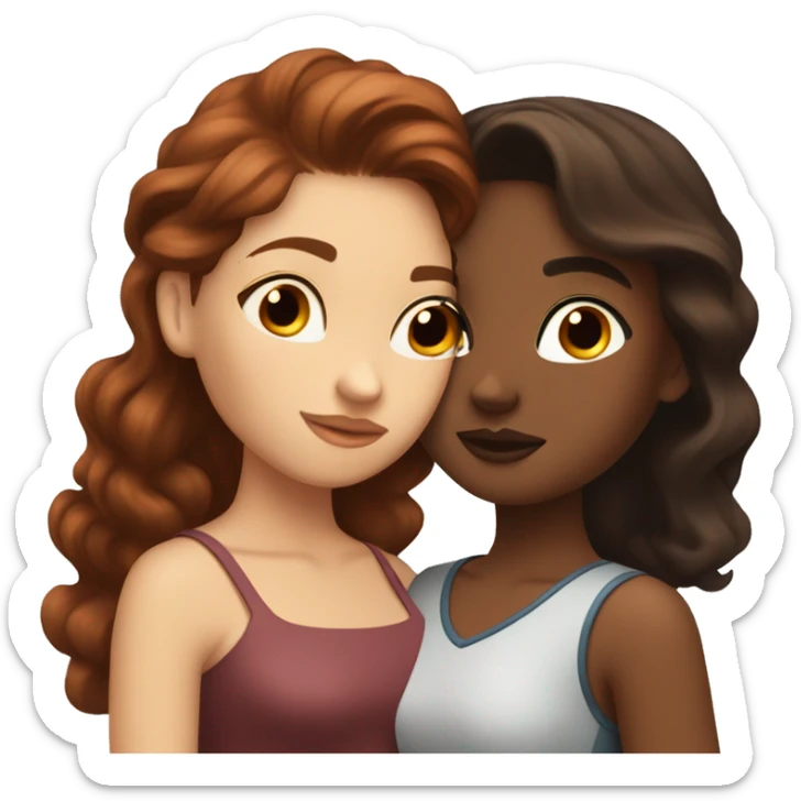 dark red haired girl kissing curled brunette hair girl they’re both white but the brown haired girl is a bit tanner  sticker