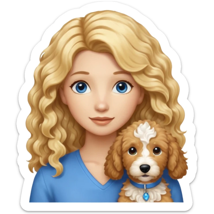 Long blonde hair, blue eyed woman with wavy blond goldendoodle sticker