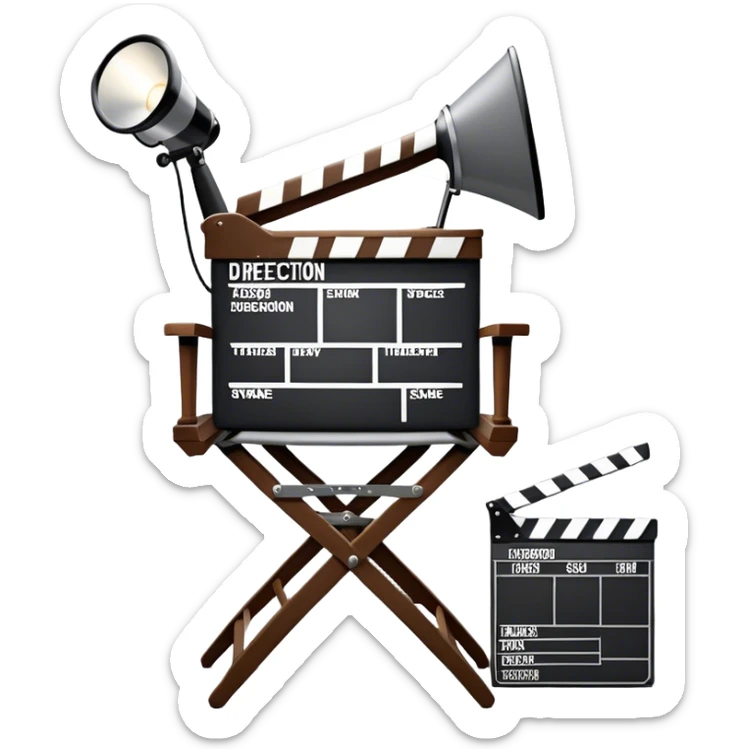Icon for Directing: a director's chair, a film slate, a megaphone, and a stage set with lights. The icon should represent the creative and leadership aspects of directing, with focus on film and theater production. Transparent background. sticker
