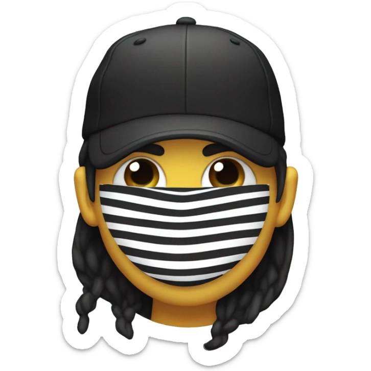 Common emoji with a people wearing a black mask on eyes, shirt with black and white stripe, black Cap  sticker