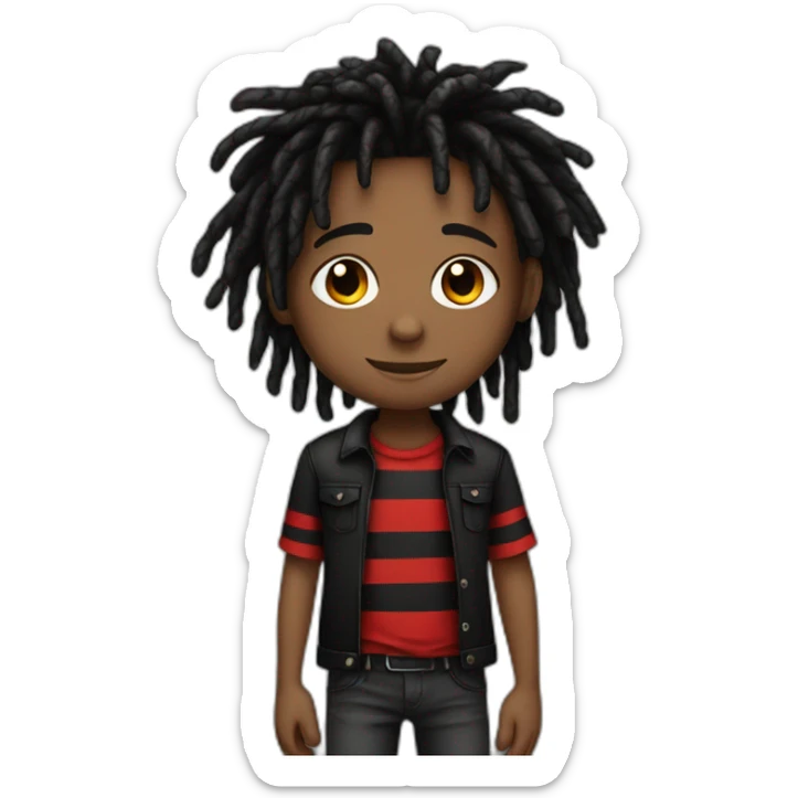 Cute brown skin boy with red and black striped colored dreads wearing a black shirt not smiling  sticker