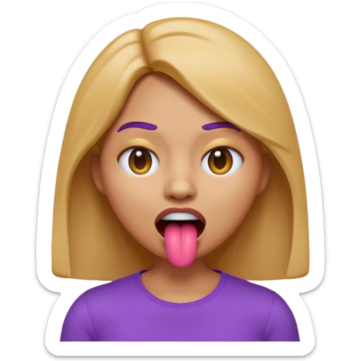 A 3D emoji-style woman with a dead-face vibe: X-shaped crossed-out eyes, mouth open with tongue sticking out slightly, lifeless cartoon expression. She has light caramel brown skin, smooth glossy emoji texture, rounded face, shoulder-length hair, wearing a purple top. sticker