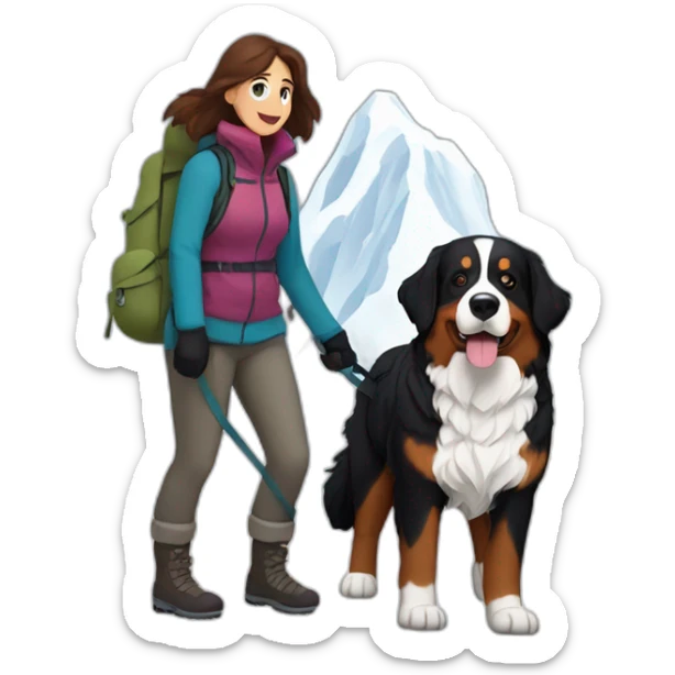 bernese mountain dog hiking with a woman with brown hairr a mountain in snow sticker
